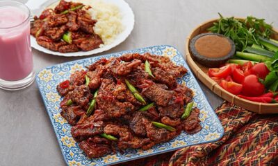 Plate of spicy sesame beef made with Hellmann's