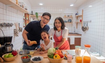 Happy family preparing healthy breakfast menu in white kitchen