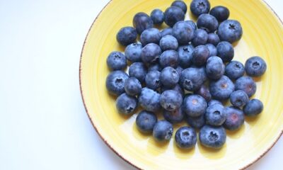 Bright blueberry fruits on a yellow plate from a top view